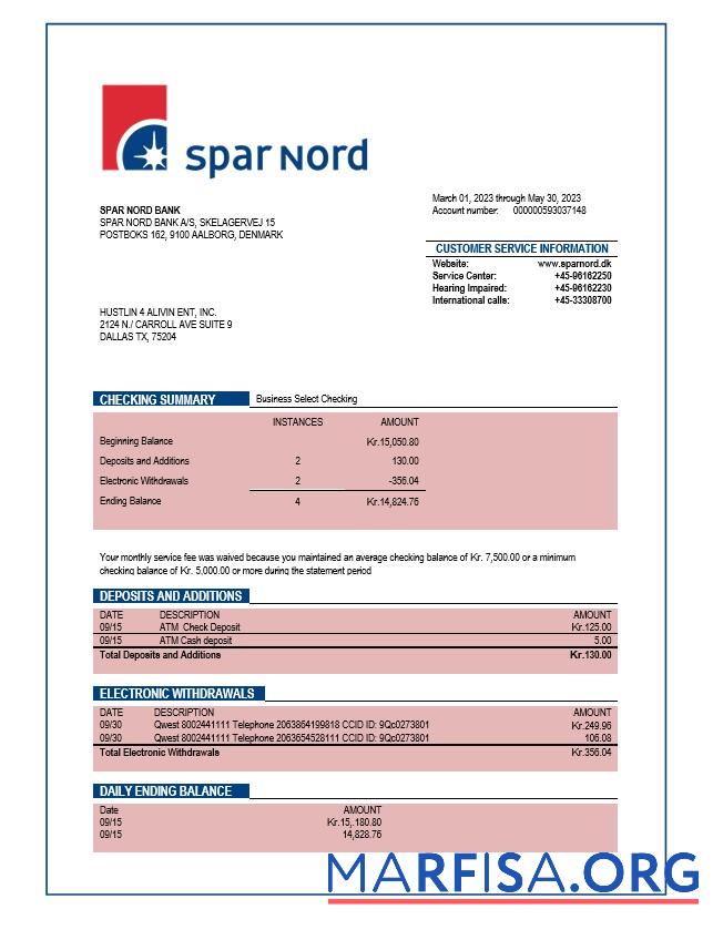 Downloadable Spar Nord Bank company checking account statement Word and PDF template